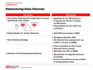 TELECOM ITALIA GROUP
1Q 2009 Results

Restructuring Sales Channels
                             Key Actions                                Main Results
 New dealer Segmentation targeting to increase            Upselling: 8 mln TIM clients no
 upselling & cross selling                                TI clients and 15 mln TI clients
                                      40%
           Elite
                      Number of POS     Business weight
                                                          no TIM clients
                         40%                 80%
           Platinum                                       Cross-selling: 15 mln other TLC
           Gold                                           customers

  Rationalisation of Dealer Networks                      230 POS terminated in 1Q09

                                                          Handsets sold down 38%
  New Handsets Strategy                                   3G/Internet Key/Laptop share up
                                                          to 63% (+13 p.p. vs 1Q08)
                                                          From acquisition to client value
                                                          Revenue share concept
                                                          SAC down by 12% vs 1Q08
  Revision of the Compensation Scheme                     2Q portfolio of integrated services
                                                          as catalyst
                                                          Focus on handset as service enabler
                                                          vs compensation driver

                        FRANCO BERNABE’                                                         7
 