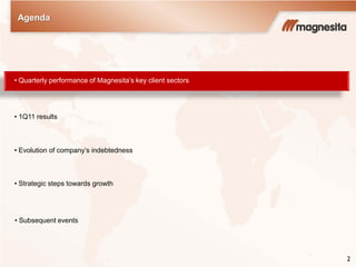Agenda
2
• Quarterly performance of Magnesita’s key client sectors
• 1Q11 results
• Evolution of company’s indebtedness
• Strategic steps towards growth
• Subsequent events
 
