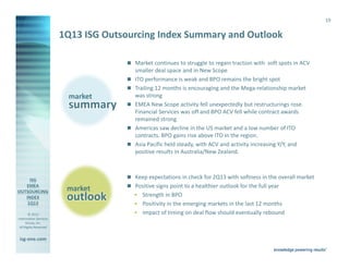 19


                         1Q13 ISG Outsourcing Index Summary and Outlook

                                                   Market continues to struggle to regain traction with soft spots in ACV
                                                   smaller deal space and in New Scope
                                                   ITO performance is weak and BPO remains the bright spot
                                                   Trailing 12 months is encouraging and the Mega-relationship market
                            market                 was strong
                            summary                EMEA New Scope activity fell unexpectedly but restructurings rose.
                                                   Financial Services was off and BPO ACV fell while contract awards
                                                   remained strong
                                                   Americas saw decline in the US market and a low number of ITO
                                                   contracts. BPO gains rise above ITO in the region.
                                                   Asia Pacific held steady, with ACV and activity increasing Y/Y, and
                                                   positive results in Australia/New Zealand.



                                                   Keep expectations in check for 2Q13 with softness in the overall market
                            market                 Positive signs point to a healthier outlook for the full year

                            outlook                  Strength in BPO
                                                     Positivity in the emerging markets in the last 12 months
        © 2013                                       Impact of timing on deal flow should eventually rebound
Information Services
      Group, Inc.
 All Rights Reserved


isg-one.com
                       *Contracts with ACV ≥ €4M
 