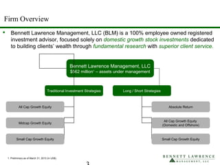  Bennett Lawrence Management, LLC (BLM) is a 100% employee owned registered
investment advisor, focused solely on domestic growth stock investments dedicated
to building clients’ wealth through fundamental research with superior client service.
Bennett Lawrence Management, LLC
$562 million1
– assets under management
Traditional Investment Strategies
All Cap Growth Equity
Midcap Growth Equity
Small Cap Growth Equity
1. Preliminary as of March 31, 2013 (in US$).
Firm Overview
Long / Short Strategies
Absolute Return
All Cap Growth Equity
(Domestic and Offshore)
Small Cap Growth Equity
 