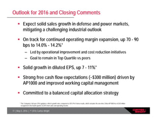 11 | May 5, 2016 | © 2016 Curtiss-Wright
Outlook for 2016 and Closing Comments
 Expect solid sales growth in defense and power markets,
mitigating a challenging industrial outlook
 On track for continued operating margin expansion, up 70 - 90
bps to 14.0% - 14.2%*
– Led by operational improvement and cost reduction initiatives
– Goal to remain in Top Quartile vs peers
 Solid growth in diluted EPS, up 7 - 11%*
 Strong free cash flow expectations (~$300 million) driven by
AP1000 and improved working capital management
 Committed to a balanced capital allocation strategy
* The Company’s full-year 2016 guidance reflects growth rates compared to 2015 Pro Forma results, which excludes the one-time China AP1000 fee of $20 million
recognized in the fourth quarter of 2015 from sales and operating income.
 