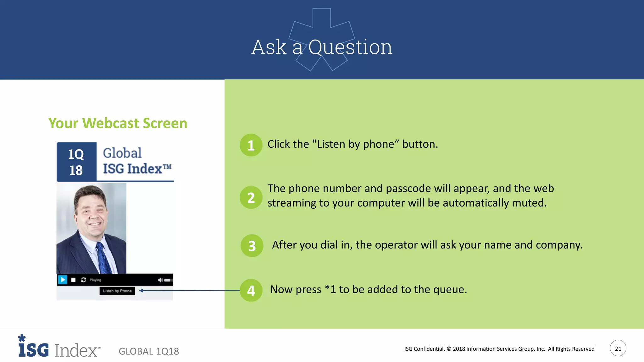 ISG Confidential. © 2018 Information Services Group, Inc. All Rights Reserved 21
GLOBAL 1Q18
Your Webcast Screen
1 Click the "Listen by phone“ button.
2
The phone number and passcode will appear, and the web
streaming to your computer will be automatically muted.
3 After you dial in, the operator will ask your name and company.
4 Now press *1 to be added to the queue.
Ask a Question
1Q
18
 