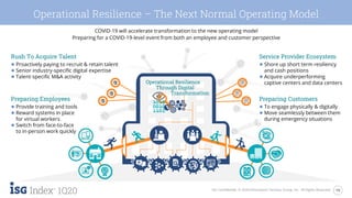 19ISG Confidential. © 2020 Information Services Group, Inc. All Rights Reserved.
1Q20
Operational Resilience – The Next Normal Operating Model
COVID-19 will accelerate transformation to the new operating model
Preparing for a COVID-19-level event from both an employee and customer perspective
Operational Resilience
Through Digital
Transformation
Preparing Employees
● Provide training and tools
● Reward systems in place
for virtual workers
● Switch from face-to-face
to in-person work quickly
Preparing Customers
● To engage physically & digitally
● Move seamlessly between them
during emergency situations
Service Provider Ecosystem
● Shore up short term resiliency
and cash positions
● Acquire underperforming
captive centers and data centers
Rush To Acquire Talent
● Proactively paying to recruit & retain talent
● Senior industry-specific digital expertise
● Talent-specific M&A activity
 