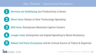 20ISG Confidential. © 2020 Information Services Group, Inc. All Rights Reserved.
1Q20
Key Themes – Operational Resilience
Services are Stabilizing, but Productivity is Down
Short-term: Delays in New Technology Spending
Mid-term: Enterprises Monetize Captive Centers
Longer-term: Enterprises use Digital Spending to Boost Resiliency
Robust 3rd Party Ecosystem will be Critical Source of Talent & Expertise
 
