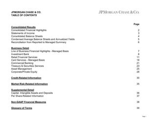JPMORGAN CHASE & CO.
TABLE OF CONTENTS

Page
Consolidated Results
Consolidated Financial Highlights
Statements of Income
Consolidated Balance Sheets
Condensed Average Balance Sheets and Annualized Yields
Reconciliation from Reported to Managed Summary

2
3
4
5
6

Business Detail
Line of Business Financial Highlights - Managed Basis
Investment Bank
Retail Financial Services
Card Services - Managed Basis
Commercial Banking
Treasury & Securities Services
Asset Management
Corporate/Private Equity

7
8
11
18
21
23
25
28

Credit-Related Information

30

Market Risk-Related Information

35

Supplemental Detail
Capital, Intangible Assets and Deposits
Per Share-Related Information

36
37

Non-GAAP Financial Measures

38

Glossary of Terms

39

Page 1

 