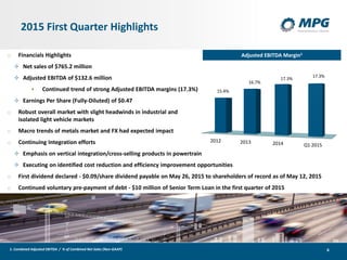 6
2015 First Quarter Highlights
1. Combined Adjusted EBITDA / % of Combined Net Sales (Non-GAAP)
Adjusted EBITDA Margin1
2012 2013 2014 Q1 2015
15.4%
16.7%
17.3%
17.3%
o Financials Highlights
 Net sales of $765.2 million
 Adjusted EBITDA of $132.6 million
 Continued trend of strong Adjusted EBITDA margins (17.3%)
 Earnings Per Share (Fully-Diluted) of $0.47
o Robust overall market with slight headwinds in industrial and
isolated light vehicle markets
o Macro trends of metals market and FX had expected impact
o Continuing Integration efforts
 Emphasis on vertical integration/cross-selling products in powertrain
 Executing on identified cost reduction and efficiency improvement opportunities
o First dividend declared - $0.09/share dividend payable on May 26, 2015 to shareholders of record as of May 12, 2015
o Continued voluntary pre-payment of debt - $10 million of Senior Term Loan in the first quarter of 2015
 