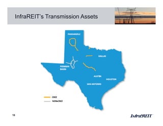 18
InfraREIT’s Transmission Assets
PANHANDLE
DALLAS
HOUSTON
AUSTIN
SAN ANTONIO
PERMIAN
BASIN
 