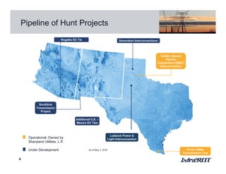 Pipeline of Hunt Projects
4
Additional U.S. –
Mexico DC Ties
Generation Interconnections
Southline
Transmission
Project
Cross Valley
Transmission Line
Golden Spread
Electric
Cooperative (GSEC)
Interconnection
Lubbock Power &
Light Interconnection
Under Development
Operational; Owned by
Sharyland Utilities, L.P.
As of May 3, 2018
Nogales DC Tie Generation Interconnections
 