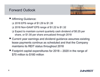 Forward Outlook
8
 Affirming Guidance:
 2018 EPS range of $1.29 to $1.39
 2018 Non-GAAP EPS range of $1.22 to $1.32
 Expect to maintain current quarterly cash dividend of $0.25 per
share, or $1.00 per share annualized through 2018
 Current year earnings and dividend guidance assumes existing
lease payments continue as scheduled and that the Company
maintains its REIT status throughout 2018
 Footprint capital expenditures for 2018 – 2020 in the range of
$70 million to $180 million
 