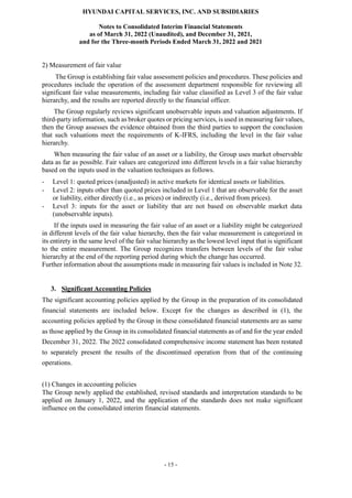HYUNDAI CAPITAL SERVICES, INC. AND SUBSIDIARIES
Notes to Consolidated Interim Financial Statements
as of March 31, 2022 (Unaudited), and December 31, 2021,
and for the Three-month Periods Ended March 31, 2022 and 2021
- 15 -
2) Measurement of fair value
The Group is establishing fair value assessment policies and procedures. These policies and
procedures include the operation of the assessment department responsible for reviewing all
significant fair value measurements, including fair value classified as Level 3 of the fair value
hierarchy, and the results are reported directly to the financial officer.
The Group regularly reviews significant unobservable inputs and valuation adjustments. If
third-party information, such as broker quotes or pricing services, is used in measuring fair values,
then the Group assesses the evidence obtained from the third parties to support the conclusion
that such valuations meet the requirements of K-IFRS, including the level in the fair value
hierarchy.
When measuring the fair value of an asset or a liability, the Group uses market observable
data as far as possible. Fair values are categorized into different levels in a fair value hierarchy
based on the inputs used in the valuation techniques as follows.
- Level 1: quoted prices (unadjusted) in active markets for identical assets or liabilities.
- Level 2: inputs other than quoted prices included in Level 1 that are observable for the asset
or liability, either directly (i.e., as prices) or indirectly (i.e., derived from prices).
- Level 3: inputs for the asset or liability that are not based on observable market data
(unobservable inputs).
If the inputs used in measuring the fair value of an asset or a liability might be categorized
in different levels of the fair value hierarchy, then the fair value measurement is categorized in
its entirety in the same level of the fair value hierarchy as the lowest level input that is significant
to the entire measurement. The Group recognizes transfers between levels of the fair value
hierarchy at the end of the reporting period during which the change has occurred.
Further information about the assumptions made in measuring fair values is included in Note 32.
3. Significant Accounting Policies
The significant accounting policies applied by the Group in the preparation of its consolidated
financial statements are included below. Except for the changes as described in (1), the
accounting policies applied by the Group in these consolidated financial statements are as same
as those applied by the Group in its consolidated financial statements as of and for the year ended
December 31, 2022. The 2022 consolidated comprehensive income statement has been restated
to separately present the results of the discontinued operation from that of the continuing
operations.
(1) Changes in accounting policies
The Group newly applied the established, revised standards and interpretation standards to be
applied on January 1, 2022, and the application of the standards does not make significant
influence on the consolidated interim financial statements.
 