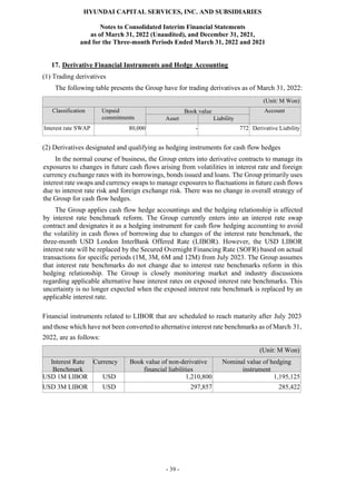 HYUNDAI CAPITAL SERVICES, INC. AND SUBSIDIARIES
Notes to Consolidated Interim Financial Statements
as of March 31, 2022 (Unaudited), and December 31, 2021,
and for the Three-month Periods Ended March 31, 2022 and 2021
- 39 -
17. Derivative Financial Instruments and Hedge Accounting
(1) Trading derivatives
The following table presents the Group have for trading derivatives as of March 31, 2022:
(Unit: M Won)
Classification Unpaid
commitments
Book value Account
Asset Liability
Interest rate SWAP 80,000 - 772 Derivative Liability
(2) Derivatives designated and qualifying as hedging instruments for cash flow hedges
In the normal course of business, the Group enters into derivative contracts to manage its
exposures to changes in future cash flows arising from volatilities in interest rate and foreign
currency exchange rates with its borrowings, bonds issued and loans. The Group primarily uses
interest rate swaps and currency swaps to manage exposures to fluctuations in future cash flows
due to interest rate risk and foreign exchange risk. There was no change in overall strategy of
the Group for cash flow hedges.
The Group applies cash flow hedge accountings and the hedging relationship is affected
by interest rate benchmark reform. The Group currently enters into an interest rate swap
contract and designates it as a hedging instrument for cash flow hedging accounting to avoid
the volatility in cash flows of borrowing due to changes of the interest rate benchmark, the
three-month USD London InterBank Offered Rate (LIBOR). However, the USD LIBOR
interest rate will be replaced by the Secured Overnight Financing Rate (SOFR) based on actual
transactions for specific periods (1M, 3M, 6M and 12M) from July 2023. The Group assumes
that interest rate benchmarks do not change due to interest rate benchmarks reform in this
hedging relationship. The Group is closely monitoring market and industry discussions
regarding applicable alternative base interest rates on exposed interest rate benchmarks. This
uncertainty is no longer expected when the exposed interest rate benchmark is replaced by an
applicable interest rate.
Financial instruments related to LIBOR that are scheduled to reach maturity after July 2023
and those which have not been converted to alternative interest rate benchmarks as of March 31,
2022, are as follows:
(Unit: M Won)
Interest Rate
Benchmark
Currency Book value of non-derivative
financial liabilities
Nominal value of hedging
instrument
USD 1M LIBOR USD 1,210,800 1,195,125
USD 3M LIBOR USD 297,857 285,422
 