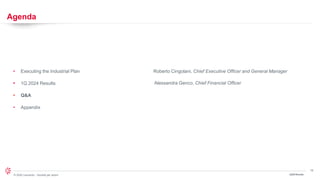 15
© 2024 Leonardo - Società per azioni
Agenda
1Q24 Results
• Executing the Industrial Plan Roberto Cingolani, Chief Executive Officer and General Manager
• Alessandra Genco, Chief Financial Officer
• 1Q 2024 Results
• Q&A
• Appendix
 