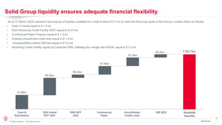 18
© 2024 Leonardo - Società per azioni
As at 31 March 2024 Leonardo had sources of liquidity available for a total of about € 6.7 bn to meet the financing needs of the Group’s, broken down as follows:
• Cash in-hands equal to € 1.8 bn
• ESG Revolving Credit Facility (RCF) equal to € 2.4 bn
• Commercial Paper Program equal to € 1.0 bn
• Existing unconfirmed credit lines equal to € 1.0 bn
• «Sustainability-Linked» EIB loan equal to € 0.3 bn
• Revolving Credit Facility signed by Leonardo DRS, following the merger with RADA, equal to € 0.2 bn
Cash &
Equivalents
€1.8bn
ESG linked
RCF 2021
€2.4bn
Unconfirmed
Credit Lines
€1.0bn
EIB 2022
€0.3bn
Available
liquidity
≈ €6.7bn
Commercial
Paper
€1.0bn
DRS RCF
2022
€0.2bn
Solid Group liquidity ensures adequate financial flexibility
1Q24 Results
 