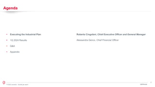 2
© 2024 Leonardo - Società per azioni
Agenda
1Q24 Results
• Executing the Industrial Plan Roberto Cingolani, Chief Executive Officer and General Manager
• Alessandra Genco, Chief Financial Officer
• 1Q 2024 Results
• Q&A
• Appendix
 