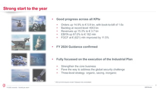 3
© 2024 Leonardo - Società per azioni
Strong start to the year
• Good progress across all KPIs*
1Q24 Results
• Orders up 14.9% to € 5.8 bn, with book-to-bill of 1.6x
• Backlog at record level >€43 bn
• Revenues up 15.3% to € 3.7 bn
• EBITA up 67.0% to € 182 mln
• FOCF at € (621) mln improved by 11.5%
• FY 2024 Guidance confirmed
• Fully focussed on the execution of the Industrial Plan
* 2023 pro-forma figures include Telespazio fully consolidated
• Strengthen the core business
• Pave the way to address the global security challenge
• Three-level strategy: organic, saving, inorganic
 