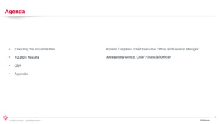 6
© 2024 Leonardo - Società per azioni
Agenda
1Q24 Results
• Executing the Industrial Plan Roberto Cingolani, Chief Executive Officer and General Manager
• Alessandra Genco, Chief Financial Officer
• 1Q 2024 Results
• Q&A
• Appendix
 