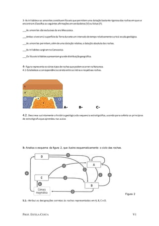 PROF. ESTELA COSTA V1
3- As trilobiteseas amonitesconstituemfósseisquepermitemuma datação bastanterigorosadasrochasemquese
encontram.Classificaasseguintesafirmaçõesemverdadeiras(V) ou falsas(F).
___As amonites são exclusivasda eraMesozoica.
___Ambas viveramà superfícieda Terraduranteumintervalo detempo relativamentecurtoà escalageológica.
___As amonites permitem,alémdeuma datação relativa,a datação absolutadasrochas.
___As trilobitessurgiramno Cenozoico.
___Os fósseistrilobitesapresentamgrandedistribuiçãogeográfica.
4- figurarepresentaosváriostiposderochasquepodemocorrer naNatureza.
4.1-Estabelecea correspondênciacorreta entreasletraserespetivasrochas.
A- B- C-
4.2. Descreva sucintamente a história geológicada sequencia estratigráfica,usando parao efeito os princípios
de estratigrafiaqueaprendeu nas aulas
5- Analisa o esquema da figura 2, que ilustra esquematicamente o ciclo das rochas.
Figura 2
5.1.- Atribui as designações corretas às rochas representadas em A, B, C e D.
 