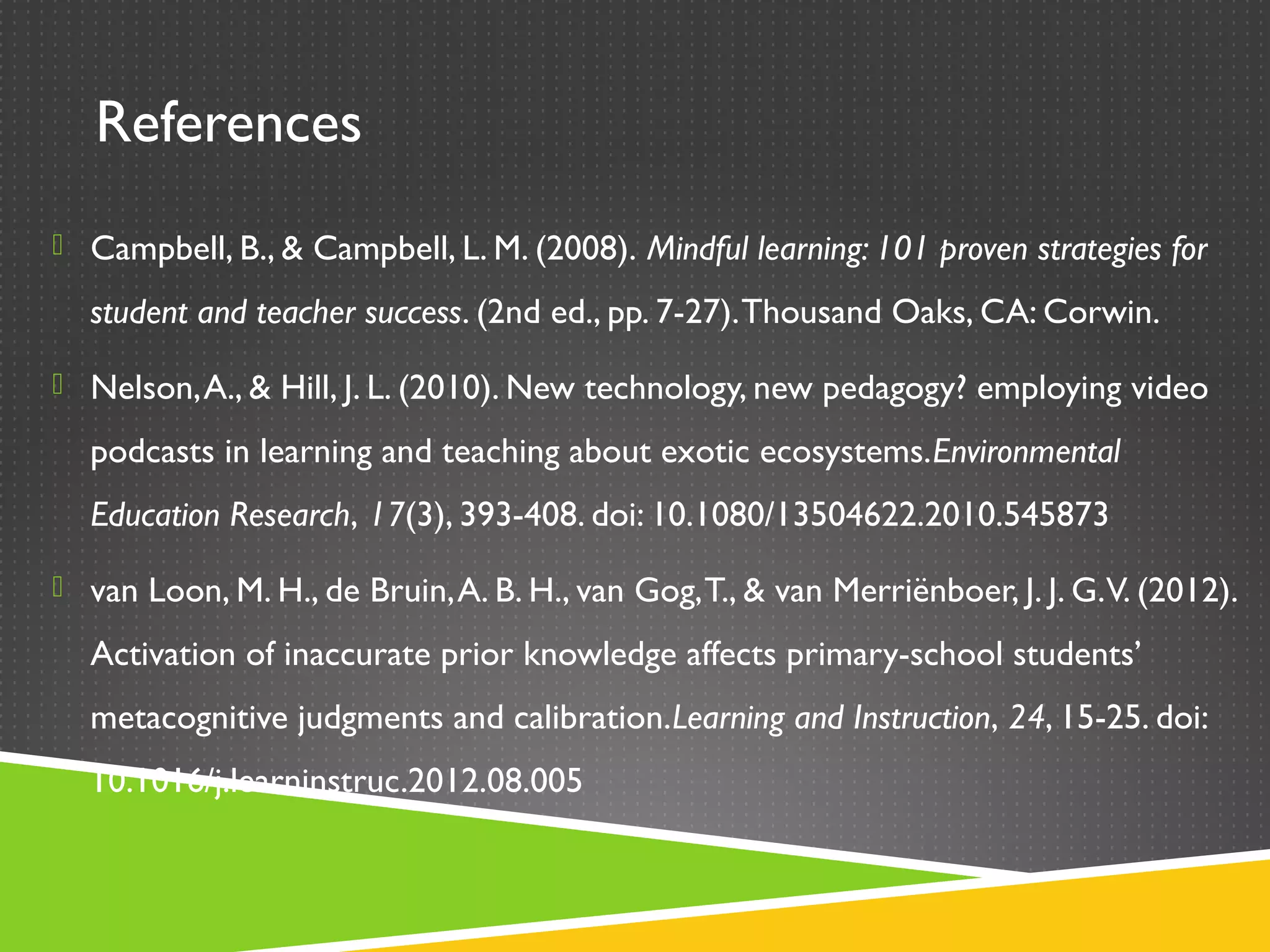 References
 Campbell, B., & Campbell, L. M. (2008). Mindful learning: 101 proven strategies for

  student and teacher success. (2nd ed., pp. 7-27). Thousand Oaks, CA: Corwin.

 Nelson, A., & Hill, J. L. (2010). New technology, new pedagogy? employing video

  podcasts in learning and teaching about exotic ecosystems.Environmental
  Education Research, 17(3), 393-408. doi: 10.1080/13504622.2010.545873

 van Loon, M. H., de Bruin, A. B. H., van Gog, T., & van Merriënboer, J. J. G. V. (2012).

  Activation of inaccurate prior knowledge affects primary-school students’
  metacognitive judgments and calibration.Learning and Instruction, 24, 15-25. doi:
  10.1016/j.learninstruc.2012.08.005
 