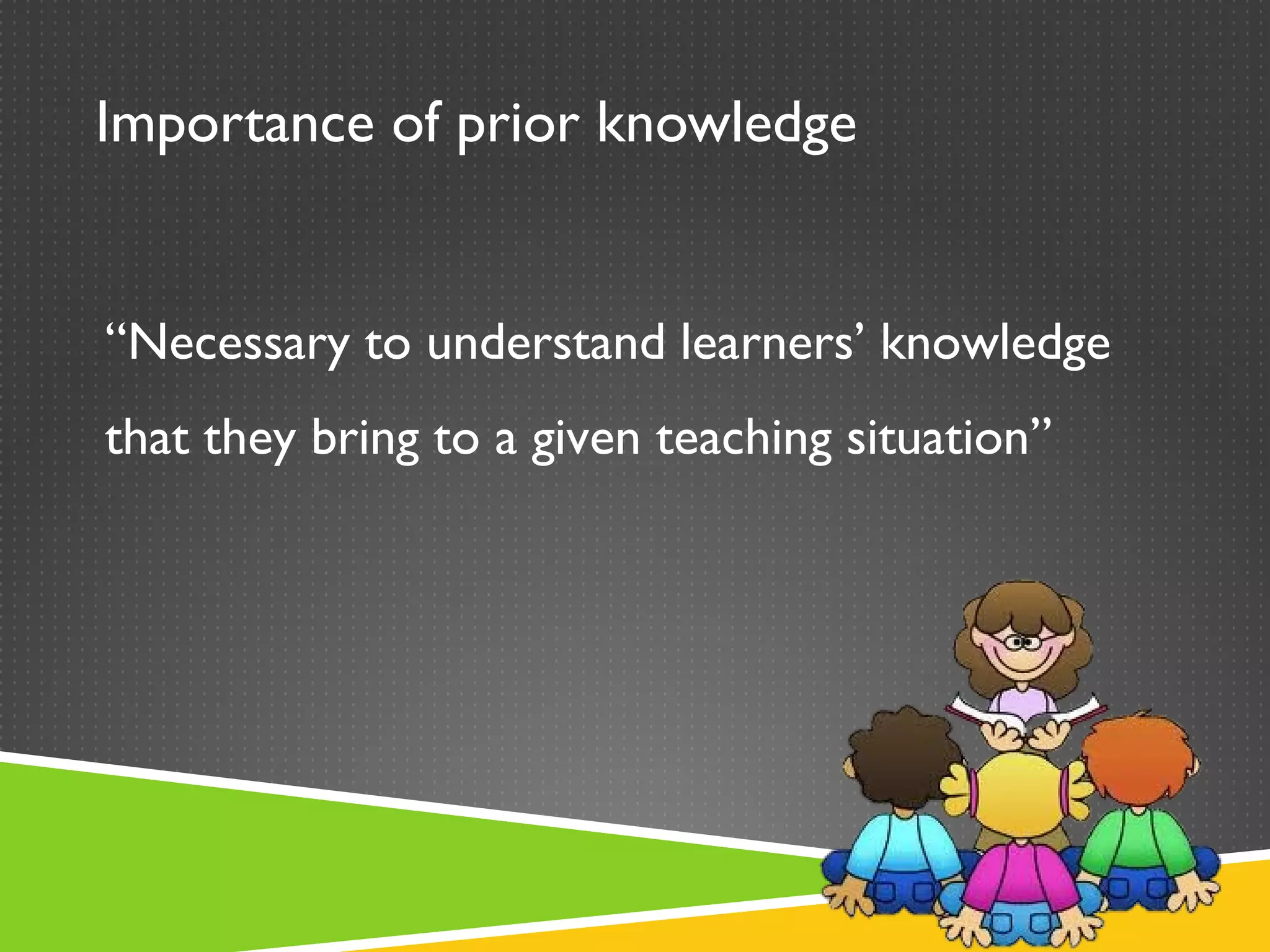 Importance of prior knowledge


“Necessary to understand learners’ knowledge
that they bring to a given teaching situation”
 