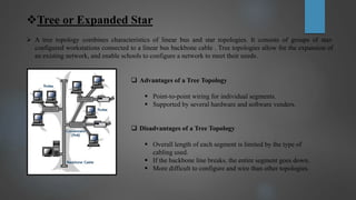Tree or Expanded Star
 A tree topology combines characteristics of linear bus and star topologies. It consists of groups of star-
configured workstations connected to a linear bus backbone cable . Tree topologies allow for the expansion of
an existing network, and enable schools to configure a network to meet their needs.
 Advantages of a Tree Topology
 Point-to-point wiring for individual segments.
 Supported by several hardware and software venders.
 Disadvantages of a Tree Topology
 Overall length of each segment is limited by the type of
cabling used.
 If the backbone line breaks, the entire segment goes down.
 More difficult to configure and wire than other topologies.
 