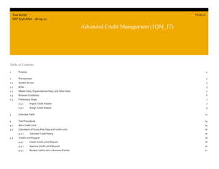 Advanced Credit Management (1QM_IT)
Purpose
PUBLIC
© 2021 SAP SE or an SAP affiliate company. All rights reserved. 1
Table of Contents
1 Purpose 4
2 Prerequisites 5
2.1 System Access 5
2.2 Roles 5
2.3 Master Data, Organizational Data, and Other Data 5
2.4 Business Conditions 6
2.5 Preliminary Steps 7
2.5.1 Import Credit Analyst 7
2.5.2 Assign Credit Analyst 9
3 Overview Table 11
4 Test Procedures 14
4.1 Set a Credit Limit 14
4.2 Calculation of Score, Risk Class and Credit Limit 16
4.2.1 Calculate Credit Rating 16
4.3 Credit Limit Request 18
4.3.1 Create Credit Limit Request 18
4.3.2 Approve Credit Limit Request 20
4.3.3 Review Credit Limit in Business Partner 22
Test Script
SAP S/4HANA - 28-09-21
PUBLIC
Advanced Credit Management (1QM_IT)
 