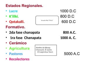 Estados Regionales.
• Lucre 1000 D.C
• K’illki. 800 D.C
• Qotakalli. 600 D.C
Formativo.
• 2da fase chanapata 800 A.C.
• 1ra fase Chanapata 1000 A. C.
• Cerámico
• Agricultura
• Pastores 5000 A.C
• Recolectores
Invasión Wari 750 d.C
Hombre de Qhorqa.
Chawaytiri. K’anchis.
Ch’unpiwilcas Yawri
 