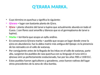 Q’ERARA MARKA.
• Cuyo término es quechua y significa lo siguiente:
• Q’erara = lugar con bastante planta de Q’era.
• Q’era = planta silvestre del tarwi o lupino que actualmente abunda en todo el
Cusco. ( con flores azul amarillo y blancos que es el germoplasma de tarwi o
lupino).
• Marka = territorio que ocupa un ayllu andino.
• En consecuencia Q’erara marka = pueblo que ocupa un lugar donde crese la
q’era en abundancia; fue la aldea matriz más antigua del Qosqo: es la presencia
de los nómades en el valle de watanay.
• Por consiguiente antes de la llegada de los Inkas en el valle de watanay, parte
alta, surgieron los pueblos de raza quechua con su lenguaje el runa simi o
qheswa simi ya perfectamente evolucionado, fue por los años 900 a 1100 D.C.
• Estos pueblos fueron agricultores y ganaderos, unos fueron nativos del lugar
otros procedentes de la zona de vilca bamba.
 