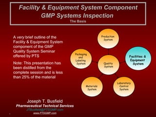 Joseph T. Busfield Pharmaceutical Technical Services [email_address] www.PTSGMP.com A  very  brief outline of the Facility & Equipment System component of the GMP Quality System Seminar offered by PTS Note: This presentation has been distilled from the complete session and is less than 25% of the material Materials  System Laboratory Control System Production  System Quality  System Facilities &  Equipment  System Packaging and  Labeling  System 