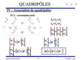 Polytech'Nice Sophia C. PETER – V3.0
24
QUADRIPÔLES
IV – Association de quadripôles
IV.1 – Association série
IV – Association de quadripôles
IV.1 – Association série
Q
i1
i'1
i''1
i2
i'2
i''2
v1
v'1
v''1
v2
v'2
v''2
Q'
Q''
i2
i1
i1=i1
'
=i1
' '
i2=i2
'
=i2
' '
[v1
v2
]=
[v1
'
v2
'
]
[v1
' '
v2
' '
]
[v1
'
v2
'
]=[Z
'
][i1
'
i2
'
] [v1
' '
v2
' '
]=[Z' '
][i1
' '
i2
' '
]
[v1
v2
]={[Z
'
][Z
' '
]}[i1
i2
] [Z]={[Z'
][Z' '
]}
 