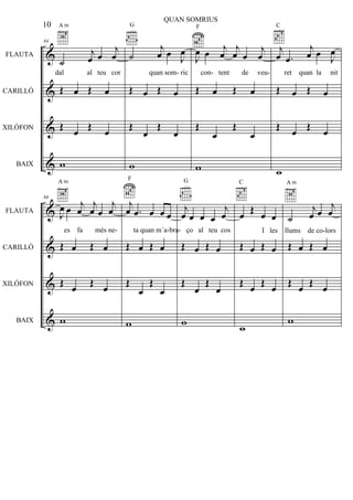 &
&
&
&
FLAUTA
CARILLÓ
XILÒFON
BAIX
84
˙
j
œ œ
j
œ
A m
Œ œ Œ œ
Œ
œ Œ œ
w
˙
j
œ œ J
œ
G
Œ œ Œ œ
Œ
œ
Œ
œ
w
J
œ œ j
œ
j
œ œ
j
œ
F
Œ œ Œ œ
Œ
œ
Œ
œ
w
j
œ .œ
j
œ œ J
œ
C
Œ œ Œ œ
Œ
œ Œ œ
w
&
&
&
&
FLAUTA
CARILLÓ
XILÒFON
BAIX
88
J
œ œ j
œ
j
œ œ
j
œ
A m
Œ œ Œ œ
Œ œ Œ œ
w
j
œ .œ œ œ œ
F
Œ œ Œ œ
Œ
œ
Œ
œ
w
j
œ œ œ œ
j
œ
G
Œ œ Œ œ
Œ
œ
Œ
œ
w
œ Œ œ œ
C
Œ œ Œ œ
Œ œ Œ œ
w
˙
j
œ œ
j
œ
A m
Œ œ Œ œ
Œ œ Œ œ
w
10
QUAN SOMRIUS
dal al teu cor quan som- ric con- tent de veu- ret quan la nit
es fa més ne- ta quan m´a-bra- ço al teu cos I les llums de co-lors
 