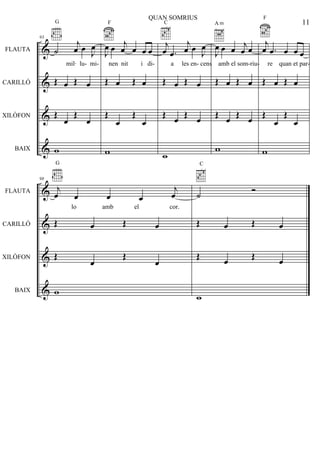 &
&
&
&
FLAUTA
CARILLÓ
XILÒFON
BAIX
93
˙
j
œ œ J
œ
G
Œ œ Œ œ
Œ
œ
Œ
œ
w
J
œ œ j
œ œ œ œ
F
Œ œ Œ œ
Œ
œ
Œ
œ
w
j
œ .œ
j
œ œ J
œ
C
Œ œ Œ œ
Œ
œ Œ œ
w
J
œ œ œ j
œ œ
A m
Œ œ Œ œ
Œ
œ Œ œ
w
j
œ .œ œ œ œ
F
Œ œ Œ œ
Œ
œ
Œ
œ
w
&
&
&
&
FLAUTA
CARILLÓ
XILÒFON
BAIX
98
j
œ œ œ œ
j
œ
G
Œ œ Œ œ
Œ
œ
Œ
œ
w
˙ Ó
C
Œ œ Œ œ
Œ œ Œ œ
w
11
QUAN SOMRIUS
mil· lu- mi- nen nit i di- a les en- cens amb el som-riu- re quan et par-
lo amb el cor.
 