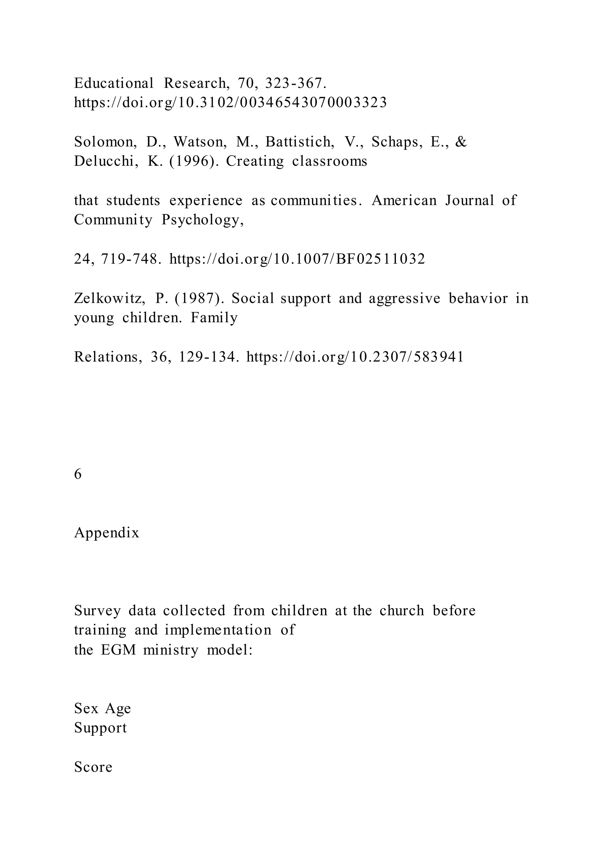 Educational Research, 70, 323-367.
https://doi.org/10.3102/00346543070003323
Solomon, D., Watson, M., Battistich, V., Schaps, E., &
Delucchi, K. (1996). Creating classrooms
that students experience as communities. American Journal of
Community Psychology,
24, 719-748. https://doi.org/10.1007/BF02511032
Zelkowitz, P. (1987). Social support and aggressive behavior in
young children. Family
Relations, 36, 129-134. https://doi.org/10.2307/583941
6
Appendix
Survey data collected from children at the church before
training and implementation of
the EGM ministry model:
Sex Age
Support
Score
 