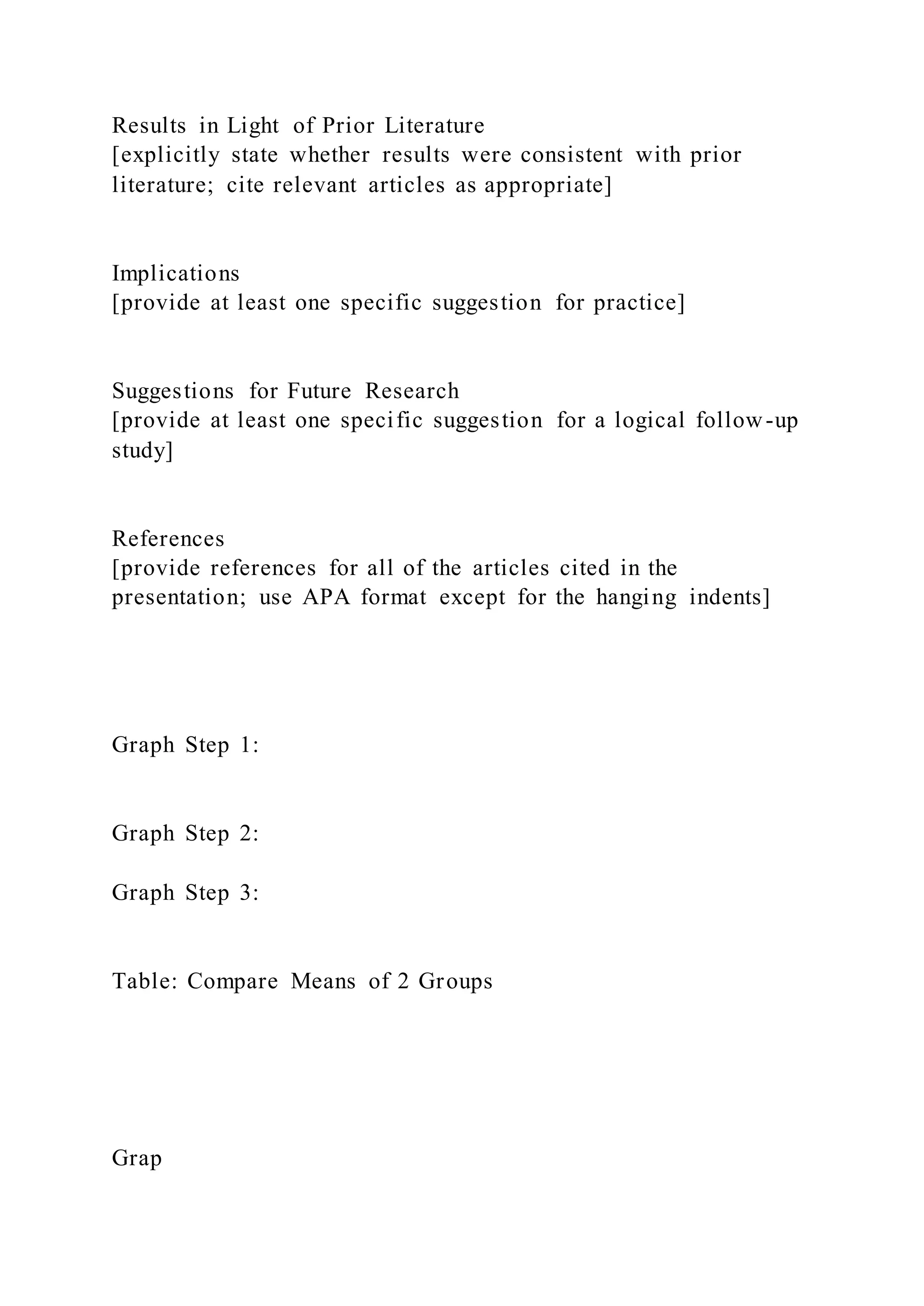 Results in Light of Prior Literature
[explicitly state whether results were consistent with prior
literature; cite relevant articles as appropriate]
Implications
[provide at least one specific suggestion for practice]
Suggestions for Future Research
[provide at least one specific suggestion for a logical follow-up
study]
References
[provide references for all of the articles cited in the
presentation; use APA format except for the hanging indents]
Graph Step 1:
Graph Step 2:
Graph Step 3:
Table: Compare Means of 2 Groups
Grap
 