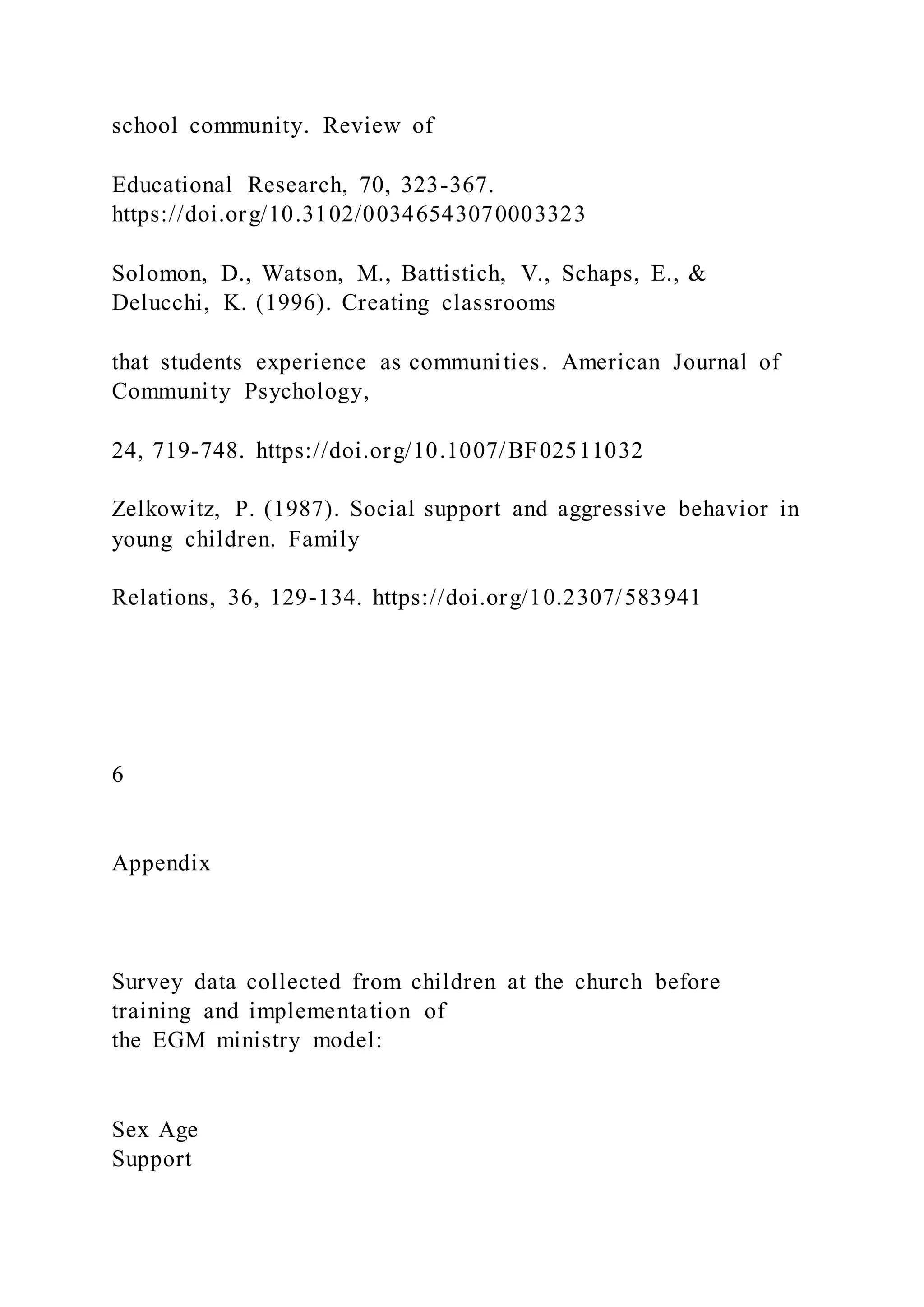 school community. Review of
Educational Research, 70, 323-367.
https://doi.org/10.3102/00346543070003323
Solomon, D., Watson, M., Battistich, V., Schaps, E., &
Delucchi, K. (1996). Creating classrooms
that students experience as communities. American Journal of
Community Psychology,
24, 719-748. https://doi.org/10.1007/BF02511032
Zelkowitz, P. (1987). Social support and aggressive behavior in
young children. Family
Relations, 36, 129-134. https://doi.org/10.2307/583941
6
Appendix
Survey data collected from children at the church before
training and implementation of
the EGM ministry model:
Sex Age
Support
 