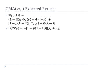 GMA(∞,1) Expected Returns
 Φ 𝑅𝑅 𝑇
𝑠 =
1 − Π 𝑞 Φ 𝛿 𝑠 + Φ 𝛿 −𝑠 +
1 − 𝑝 1 − Π Φ 𝜀 𝑠 + Φ 𝜀 −𝑠
 E 𝑅𝑅 𝑇 = − 1 − 𝑝 1 − Π 𝜇 𝜀 + ...