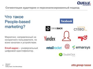 17
РИФ-2017
20.04.17
Andrey Osokin, Anna Belovodskaya
Сегментация аудитории и персонализированный подход
Что такое
People-based
marketing?
Маркетинг, направленный на
конкретного пользователя, по
всем каналам и устройствам.
Email-адрес – универсальный
цифровой идентификатор.
@
 