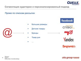 19
РИФ-2017
20.04.17
Andrey Osokin, Anna Belovodskaya
Сегментация аудитории и персонализированный подход
Промо по спискам рассылок
@
 Большие размеры
 Детские товары
 Бренды
 Товар дня
 …
 