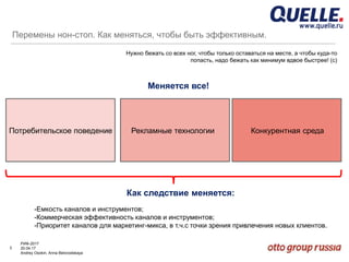 3
РИФ-2017
20.04.17
Andrey Osokin, Anna Belovodskaya
Перемены нон-стоп. Как меняться, чтобы быть эффективным.
Нужно бежать со всех ног, чтобы только оставаться на месте, а чтобы куда-то
попасть, надо бежать как минимум вдвое быстрее! (с)
Потребительское поведение Рекламные технологии Конкурентная среда
Меняется все!
-Емкость каналов и инструментов;
-Коммерческая эффективность каналов и инструментов;
-Приоритет каналов для маркетинг-микса, в т.ч.с точки зрения привлечения новых клиентов.
Как следствие меняется:
 