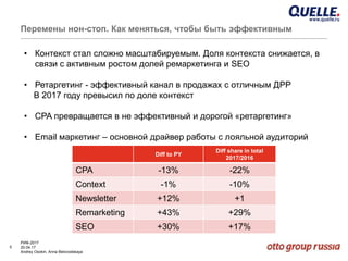 5
РИФ-2017
20.04.17
Andrey Osokin, Anna Belovodskaya
Перемены нон-стоп. Как меняться, чтобы быть эффективным
Diff to PY
Diff share in total
2017/2016
СРА -13% -22%
Context -1% -10%
Newsletter +12% +1
Remarketing +43% +29%
SEO +30% +17%
• Контекст стал сложно масштабируемым. Доля контекста снижается, в
связи с активным ростом долей ремаркетинга и SEO
• Ретаргетинг - эффективный канал в продажах с отличным ДРР
В 2017 году превысил по доле контекст
• CPA превращается в не эффективный и дорогой «ретаргетинг»
• Email маркетинг – основной драйвер работы с лояльной аудиторий
 