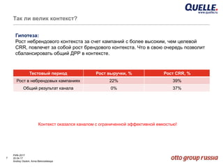 7
РИФ-2017
20.04.17
Andrey Osokin, Anna Belovodskaya
Так ли велик контекст?
Гипотеза:
Рост небрендового контекста за счет кампаний с более высоким, чем целевой
CRR, повлечет за собой рост брендового контекста. Что в свою очередь позволит
сбалансировать общий ДРР в контексте.
Тестовый период Рост выручки, % Рост CRR, %
Рост в небрендовых кампаниях 22% 39%
Общий результат канала 0% 37%
Контекст оказался каналом с ограниченной эффективной емкостью!
 