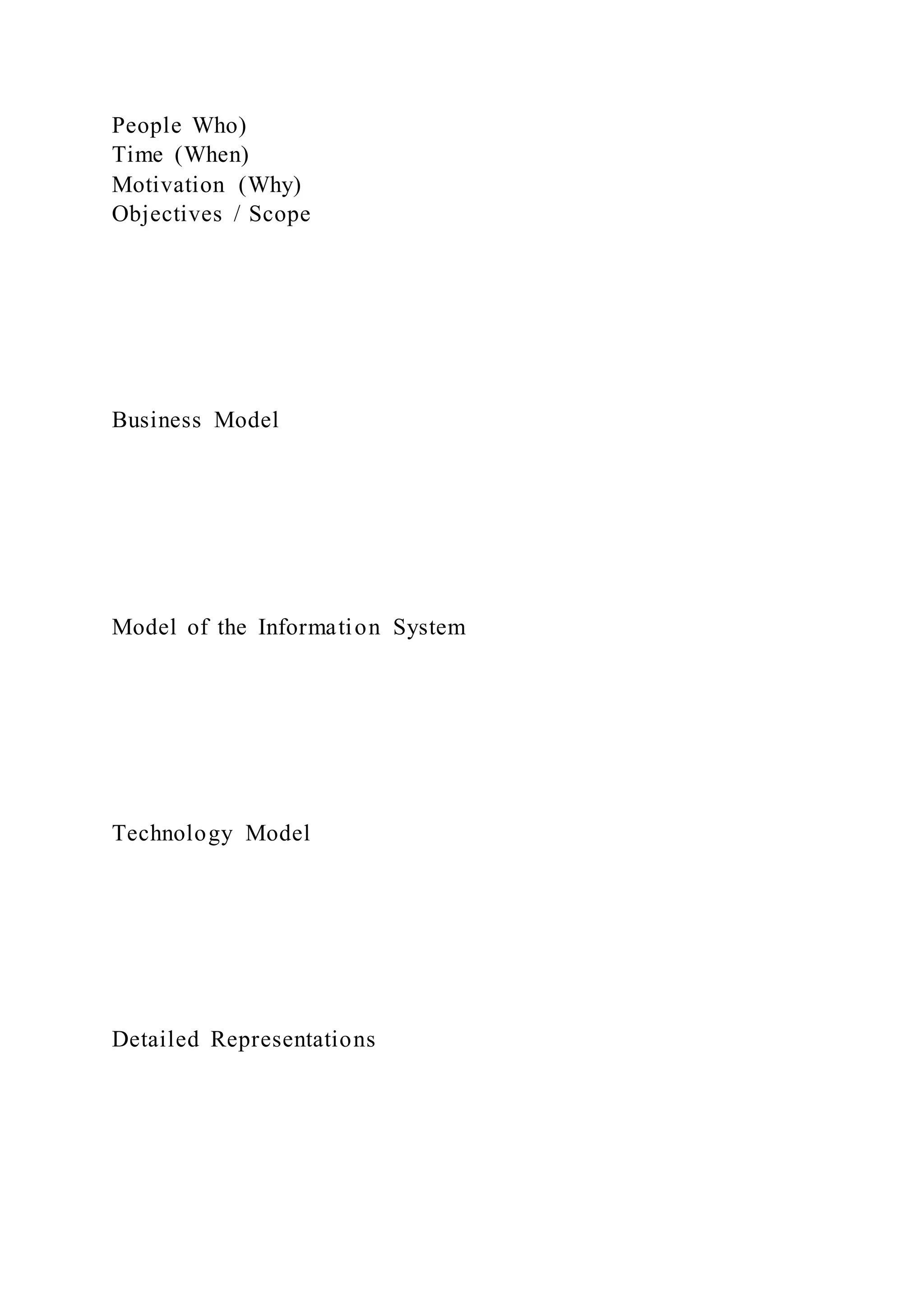 People Who)
Time (When)
Motivation (Why)
Objectives / Scope
Business Model
Model of the Information System
Technology Model
Detailed Representations
 