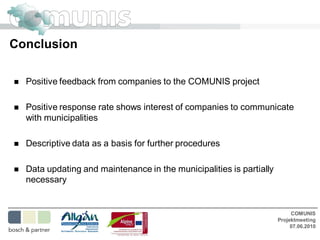 Conclusion

   Positive feedback from companies to the COMUNIS project

   Positive response rate shows interest of companies to communicate
    with municipalities

   Descriptive data as a basis for further procedures

   Data updating and maintenance in the municipalities is partially
    necessary


                                                                            COMUNIS
                                                                       Projektmeeting
                                                                            07.06.2010
 