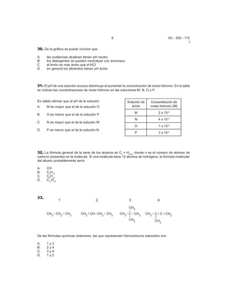 AC - 002 - 115
I
8
30. De la gráfica se puede concluir que
A. las sustancias alcalinas tienen pH neutro
B. los detergentes se pueden neutralizar con amoníaco
C. el limón es más ácido que el HCl
D. en general los alimentos tienen pH ácido
31. El pH de una solución acuosa disminuye al aumentar la concentración de iones hidronio. En la tabla
se indican las concentraciones de iones hidronio en las soluciones M, N, O y P.
ednóiculoS
odicá
ednóicartnecnoC
)M(oinordihsenoi
M 01x2 4-
N 01x4 3-
O 01x1 5-
P 01x3 2-
Es válido afirmar que el pH de la solución
A. M es mayor que el de la solución O
B. O es menor que el de la solución P
C. N es mayor que el de la solución M
D. P es menor que el de la solución N
32. La fórmula general de la serie de los alcanos es Cn
+ H2n+2
donde n es el número de átomos de
carbono presentes en la molécula. Si una molécula tiene 12 átomos de hidrógeno, la fórmula molécular
del alcano probablemente sería
A. CH
B. C5
H12
C. C6
H12
D. C12
H12
33.
De las fórmulas químicas anteriores, las que representan hidrocarburos saturados son
A. 1 y 3
B. 2 y 4
C. 3 y 4
D. 1 y 2
 