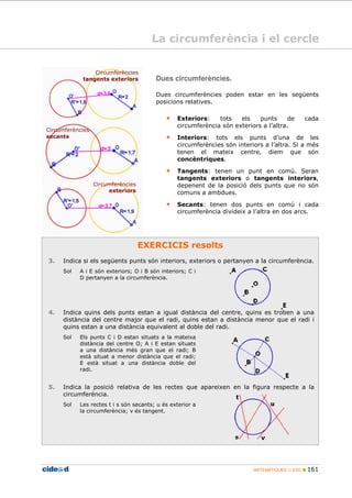 MATEMÀTIQUES 1r ESO 161
Dues circumferències.
Dues circumferències poden estar en les següents
posicions relatives.
• Exteriors: tots els punts de cada
circumferència són exteriors a l’altra.
• Interiors: tots els punts d’una de les
circumferències són interiors a l’altra. Si a més
tenen el mateix centre, diem que són
concèntriques.
• Tangents: tenen un punt en comú. Seran
tangents exteriors o tangents interiors,
depenent de la posició dels punts que no són
comuns a ambdues.
• Secants: tenen dos punts en comú i cada
circumferència divideix a l’altra en dos arcs.
EXERCICIS resolts
3. Indica si els següents punts són interiors, exteriors o pertanyen a la circumferència.
Sol A i E són exteriors; O i B són interiors; C i
D pertanyen a la circumferència.
4. Indica quins dels punts estan a igual distància del centre, quins es troben a una
distància del centre major que el radi, quins estan a distància menor que el radi i
quins estan a una distància equivalent al doble del radi.
Sol Els punts C i D estan situats a la mateixa
distància del centre O; A i E estan situats
a una distància més gran que el radi; B
està situat a menor distància que el radi;
E està situat a una distància doble del
radi.
5. Indica la posició relativa de les rectes que apareixen en la figura respecte a la
circumferència.
Sol Les rectes t i s són secants; u és exterior a
la circumferència; v és tangent.
La circumferència i el cercle
Circumferències
secants
Circumferències
exteriors
Circumferències
tangents exteriors
 