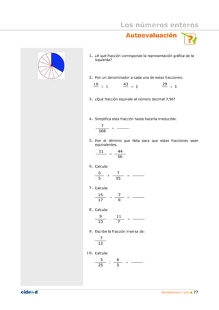 MATEMÁTICAS 1º ESO 77
Autoevaluación
1. ¿A qué fracción corresponde la representación gráfica de la
izquierda?
2. Pon un denominador a cada una de estas fracciones:
1
16
< 1
43
= 1
29
>
3. ¿Qué fracción equivale al número decimal 7,96?
4. Simplifica esta fracción hasta hacerla irreducible.
=
168
7
5. Pon el término que falta para que estas fracciones sean
equivalentes.
56
4411
=
6. Calcula:
=+
15
7
5
6
7. Calcula:
=−
8
7
17
16
8. Calcula:
=⋅
7
11
10
9
9. Escribe la fracción inversa de:
12
7
10. Calcula:
=
5
6
:
25
3
Los números enteros
 