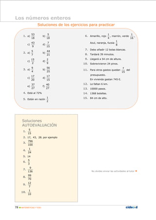 78 MATEMÁTICAS 1º ESO
Soluciones de los ejercicios para practicar
1. a)
18
53
b)
18
5
c)
9
43
d)
15
7
2. a)
7
5
b)
21
44
c)
2
15
d)
9
2
3. a)
4
9
b)
25
56
c)
20
17
d)
15
17
e)
27
37
f)
27
40
4. Está al 72%
5. Están en razón
2
1
6. Amarillo, rojo
4
1
, marrón, verde
16
1
,
Azul, naranja, fucsia
8
1
7. Debo añadir 12 bolas blancas.
8. Tardará 39 minutos.
9. Llegará a 54 cm de altura.
10. Sobrevivieron 24 pinos.
11. Para otros gastos quedan
15
7
del
presupuesto.
En vivienda gastan 745 €.
12. Le faltan 6 km.
13. 10000 pasos.
14. 1368 botellas.
15. 84 cm de alto.
No olvides enviar las actividades al tutor
Los números enteros
Soluciones
AUTOEVALUACIÓN
1.
15
5
2. 17, 43, 28. por ejemplo
3.
100
796
4.
24
1
5. 14
6.
3
5
7.
136
9
8.
70
99
9.
7
12
10.
10
1
 
