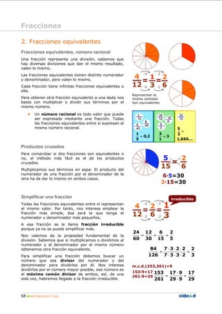68 MATEMÁTICAS 1º ESO
2. Fracciones equivalentes
Fracciones equivalentes, número racional
Una fracción representa una división, sabemos que
hay diversas divisiones que dan el mismo resultado,
valen lo mismo.
Las fracciones equivalentes tienen distinto numerador
y denominador, pero valen lo mismo.
Cada fracción tiene infinitas fracciones equivalentes a
ella.
Para obtener otra fracción equivalente a una dada nos
basta con multiplicar o dividir sus términos por el
mismo número.
• Un número racional es todo valor que puede
ser expresado mediante una fracción. Todas
las fracciones equivalentes entre sí expresan el
mismo número racional.
Productos cruzados
Para comprobar si dos fracciones son equivalentes o
no, el método más fácil es el de los productos
cruzados.
Multiplicamos sus términos en aspa: El producto del
numerador de una fracción por el denominador de la
otra ha de dar lo mismo en ambos casos.
Simplificar una fracción
Todas las fracciones equivalentes entre sí representan
el mismo valor. Por tanto, nos interesa emplear la
fracción más simple, ésa será la que tenga el
numerador y denominador más pequeños.
A esa fracción se le llama fracción irreducible
porque ya no se puede simplificar más.
Nos valemos de la propiedad fundamental de la
división. Sabemos que si multiplicamos o dividimos al
numerador y al denominador por el mismo número
obtenemos otra fracción equivalente.
Para simplificar una fracción debemos buscar un
número que sea divisor del numerador y del
denominador para dividirlos por él. Nos interesa
dividirlos por el número mayor posible, ese número es
el máximo común divisor de ambos, así, de una
sola vez, habremos llegado a la fracción irreducible.
Representan la
misma cantidad.
Son equivalentes
5
2
15
6
30
12
60
24
===
3
2
2337
2237
126
84
=
⋅⋅⋅
⋅⋅⋅
=
Fracciones
2
6
4
12
= =
1
3
:4
:4
·2
·2
6·5=30
2·15=30
2
6
=
29
17
929
917
261
153
=
⋅
⋅
=
m.c.d.(153,261)=9
153:9=17
261:9=29
2
6
4
12
= =
1
3
:2
:2
:2
:2
irreducible
2,0
5
1
= 3
1
3
=
...666,1
3
5
=
5
15
 