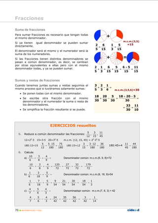 70 MATEMÁTICAS 1º ESO
EJERCICIOS resueltos
5. Reduce a común denominador las fracciones:
12
5
,
15
3
,
45
11
12=22
·3 15=3·5 20=32
·5 m.c.m. (12, 15, 45) = 22
·32
·5
180:12=15
180
75
180
155
12
5
=
⋅
= 180:15=12
180
36
180
123
15
3
=
⋅
= 180:45=4
180
44
45
11
=
6. Calcula:
a) =++
9
4
8
3
6
10
Denominador común: m.c.m.(6, 9, 8)=72
72
179
72
32
72
27
72
120
9
4
8
3
6
10
=++=++
b) =+−
9
5
18
3
6
1
Denominador común: m.c.m.(6, 18, 9)=54
3
1
54
18
54
30
54
21
54
9
9
5
18
7
6
1
==+−=+−
c) =−+
3
4
6
5
7
4
Denominadopr común: m.c.m.(7, 6, 3) = 42
14
1
42
3
42
56
42
35
42
24
3
4
6
5
7
4
==−+=−+
Suma de fracciones
Para sumar fracciones es necesario que tengan todas
el mismo denominador.
Si ya tienen igual denominador se pueden sumar
directamente.
El denominador será el mismo y el numerador será la
suma de los numeradores.
Si las fracciones tienen distintos denominadores se
pasan a común denominador, es decir, se cambian
por otras equivalentes a ellas pero con el mismo
denominador todas, y ya se pueden sumar.
Sumas y restas de fracciones
Cuando tenemos juntas sumas y restas seguimos el
mismo proceso que si tuviéramos solamente sumas:
• Se ponen todas con el mismo denominador.
• Se escribe otra fracción con el mismo
denominador y el numerador la suma o resta de
los denominadores.
• Se simplifica la fracción resultante si se puede.
15
11
15
56
15
5
15
6
3
1
5
2
=
+
=+=+
=−+
6
1
3
2
5
3
=
−+
=−+
30
52018
30
5
30
20
30
18
10
11
30
33
==
Fracciones
+
+ =
15
6
5
2
=
15
5
3
1
=
m.c.m.(3,5)
=15
m.c.m.(3,5,6)=30
 