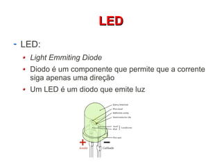 LLEEDD 
LED: 
Light Emmiting Diode 
Diodo é um componente que permite que a corrente 
siga apenas uma direção 
Um LED é um diodo que emite luz 
 