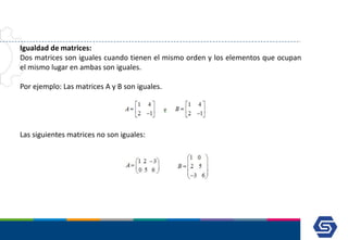 Igualdad de matrices:
Dos matrices son iguales cuando tienen el mismo orden y los elementos que ocupan
el mismo lugar en a...